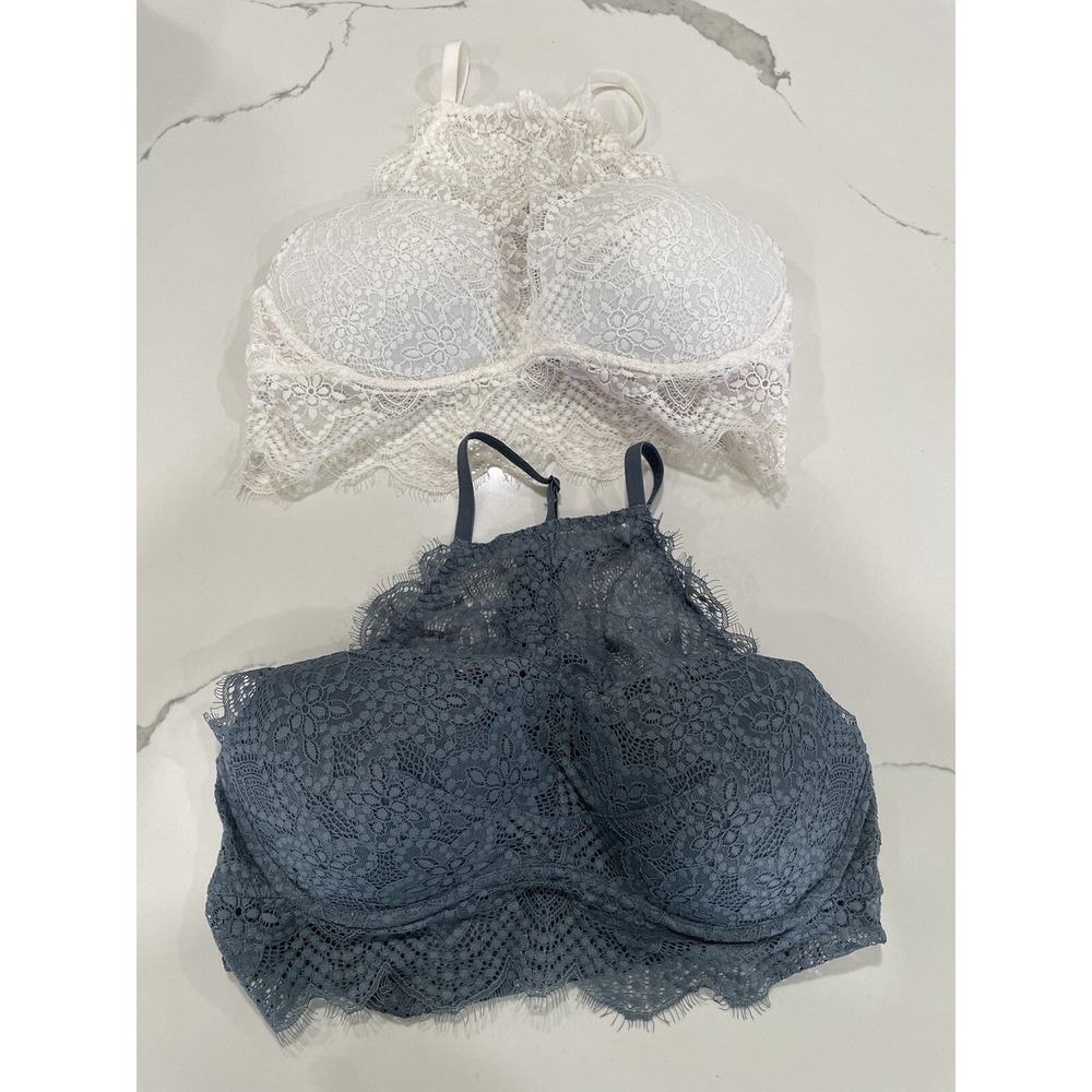 Victorias Secret Push Up Pigeonnant Bra Blue‎ Cream Lot Lace Bralette M AK108